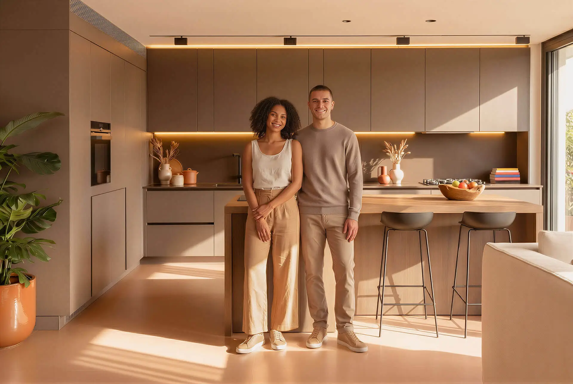 Zwei Personen stehen nebeneinander in einer modernen Küche in neutralen Farbtönen, mit einer zentralen Kücheninsel, Barhockern und Zierpflanzen.
